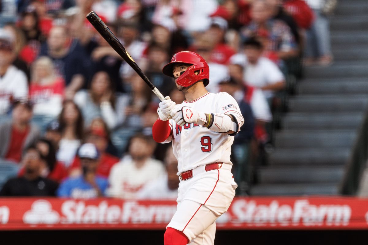 Los Angeles Angels shortstop Zach Neto (9) hits a home run during an MLB game against the Atlanta Braves, Monday April 6, 2026, in Los Angeles, Calif.