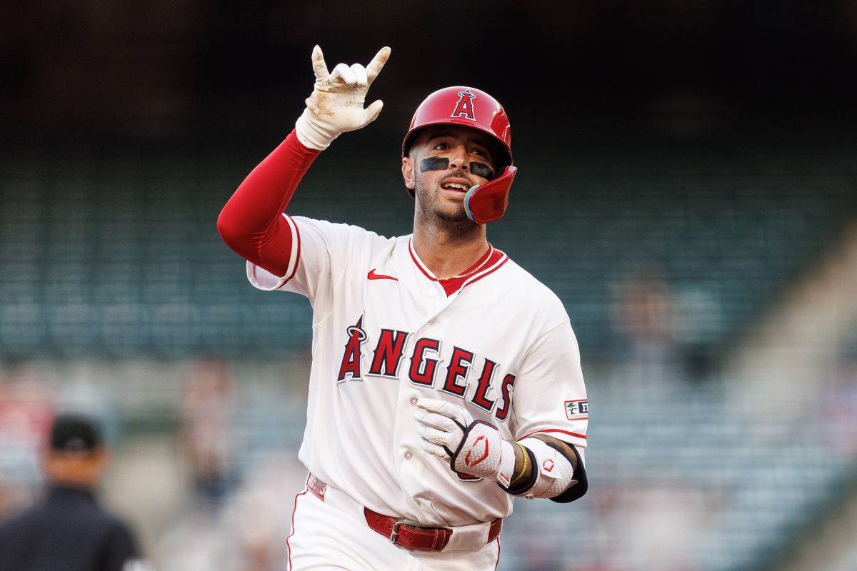 Los Angeles Angels shortstop Zach Neto (9) celebrates hitting a home run during an MLB game against the Atlanta Braves, Monday April 6, 2026, in Los Angeles, Calif.