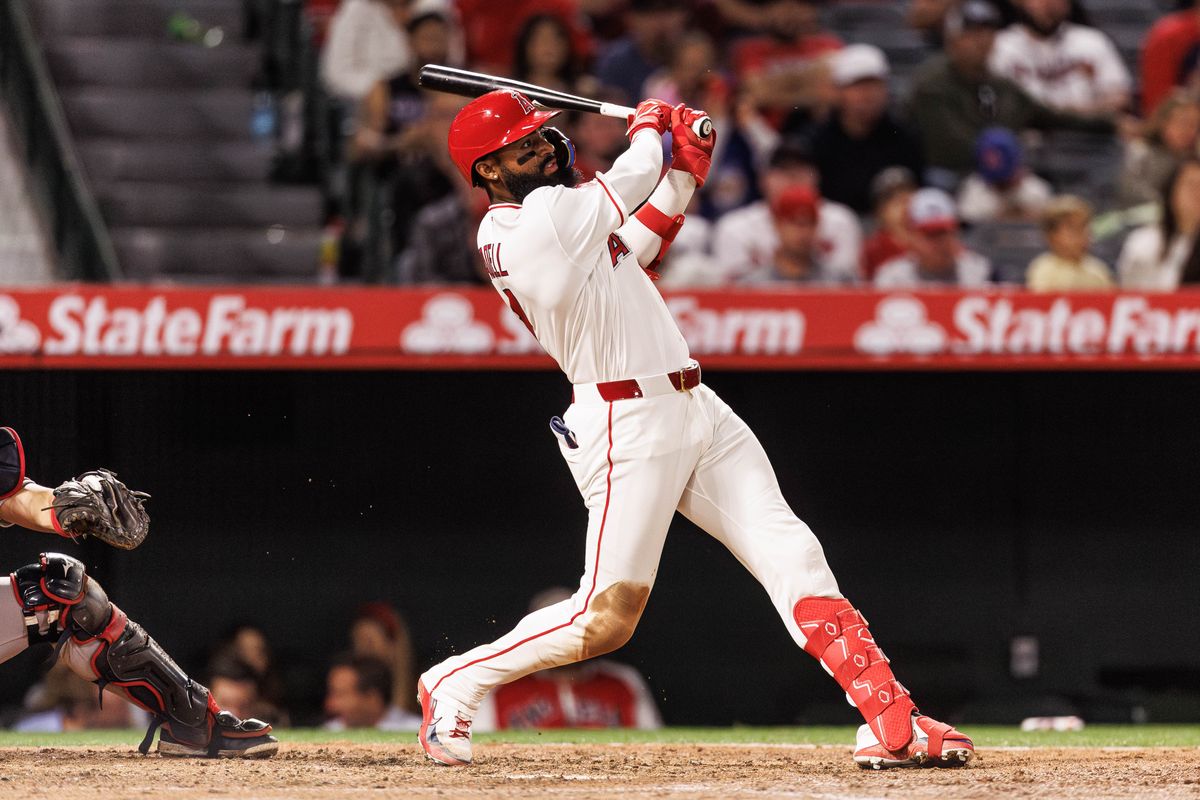 Los Angeles Angels center fielder Jo Adell (7) hits a home run during an MLB game against the Atlanta Braves, Monday April 6, 2026, in Los Angeles, Calif.