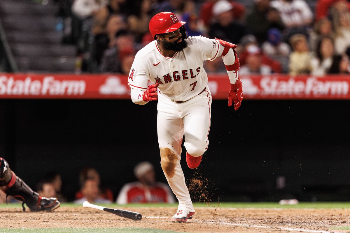 Los Angeles Angels center fielder Jo Adell (7) hits a home run during an MLB game against the Atlanta Braves, Monday April 6, 2026, in Los Angeles, Calif.