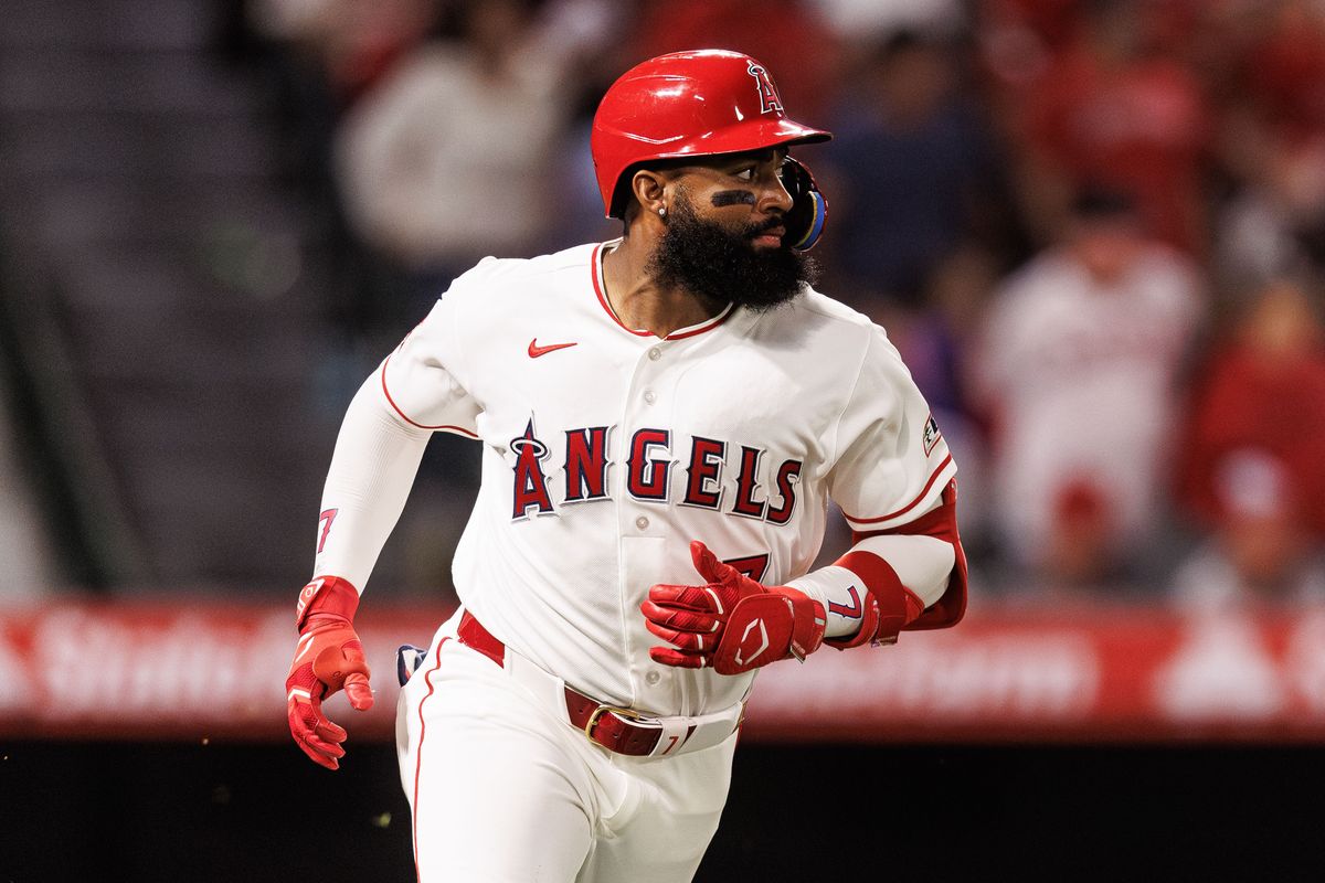 Los Angeles Angels center fielder Jo Adell (7) hits a home run during an MLB game against the Atlanta Braves, Monday April 6, 2026, in Los Angeles, Calif.