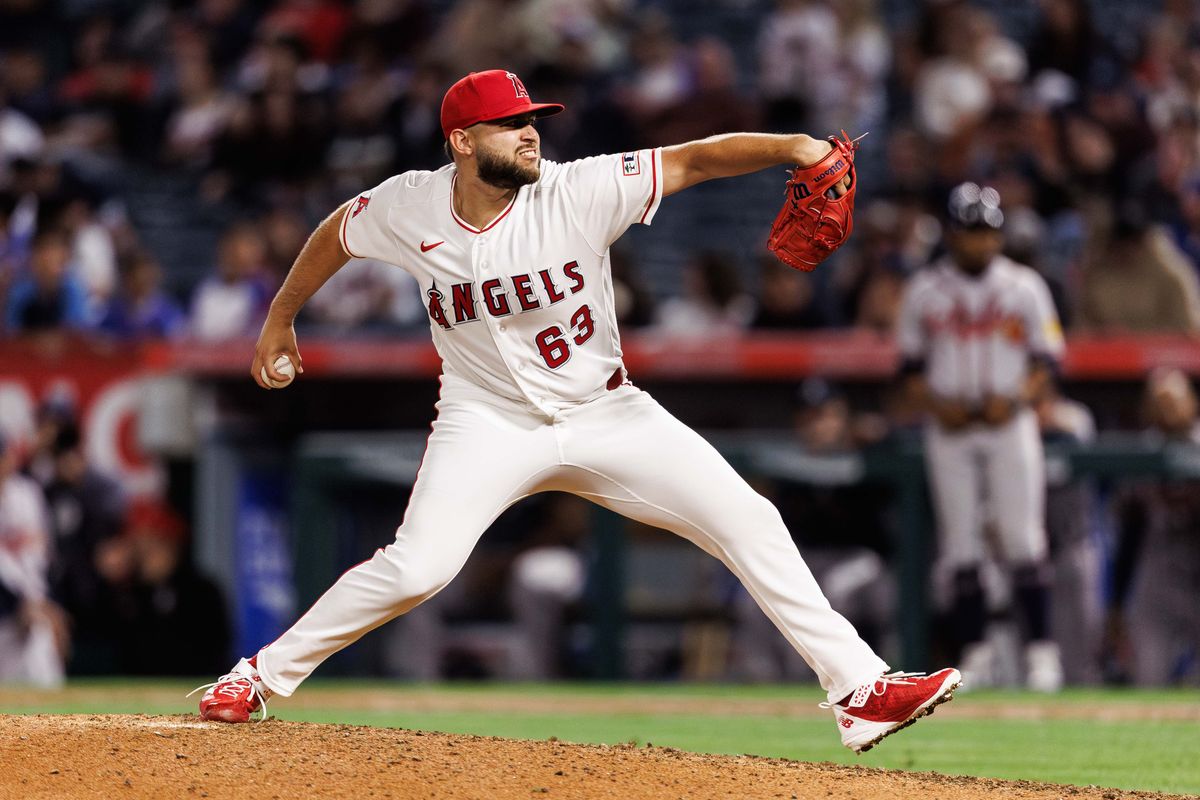 Los Angeles Angels pitcher Chase Silseth (63) during an MLB game against the Atlanta Braves, Monday April 6, 2026, in Los Angeles, Calif.