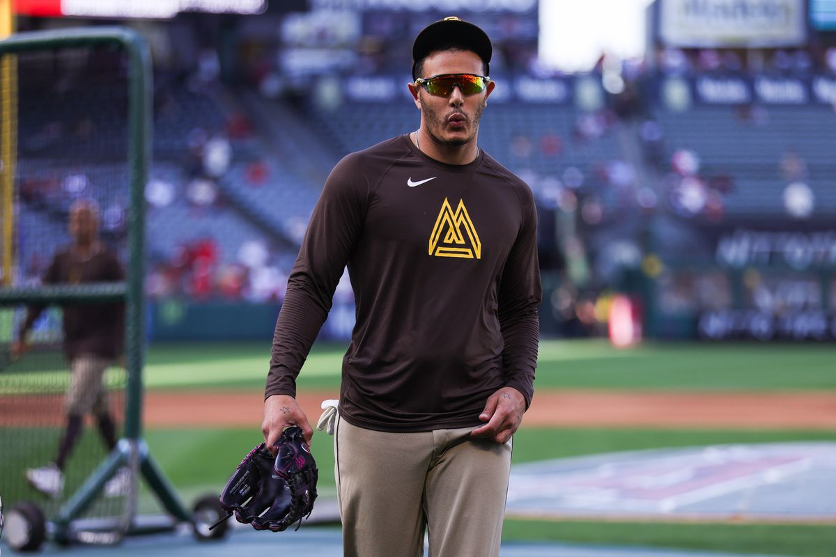 San Diego Padres infielder Manny Machado (13) walks before the MLB game against the Los Angeles Angels Friday April 17th, 2026 at Angel's Stadium in Anaheim, Calif.