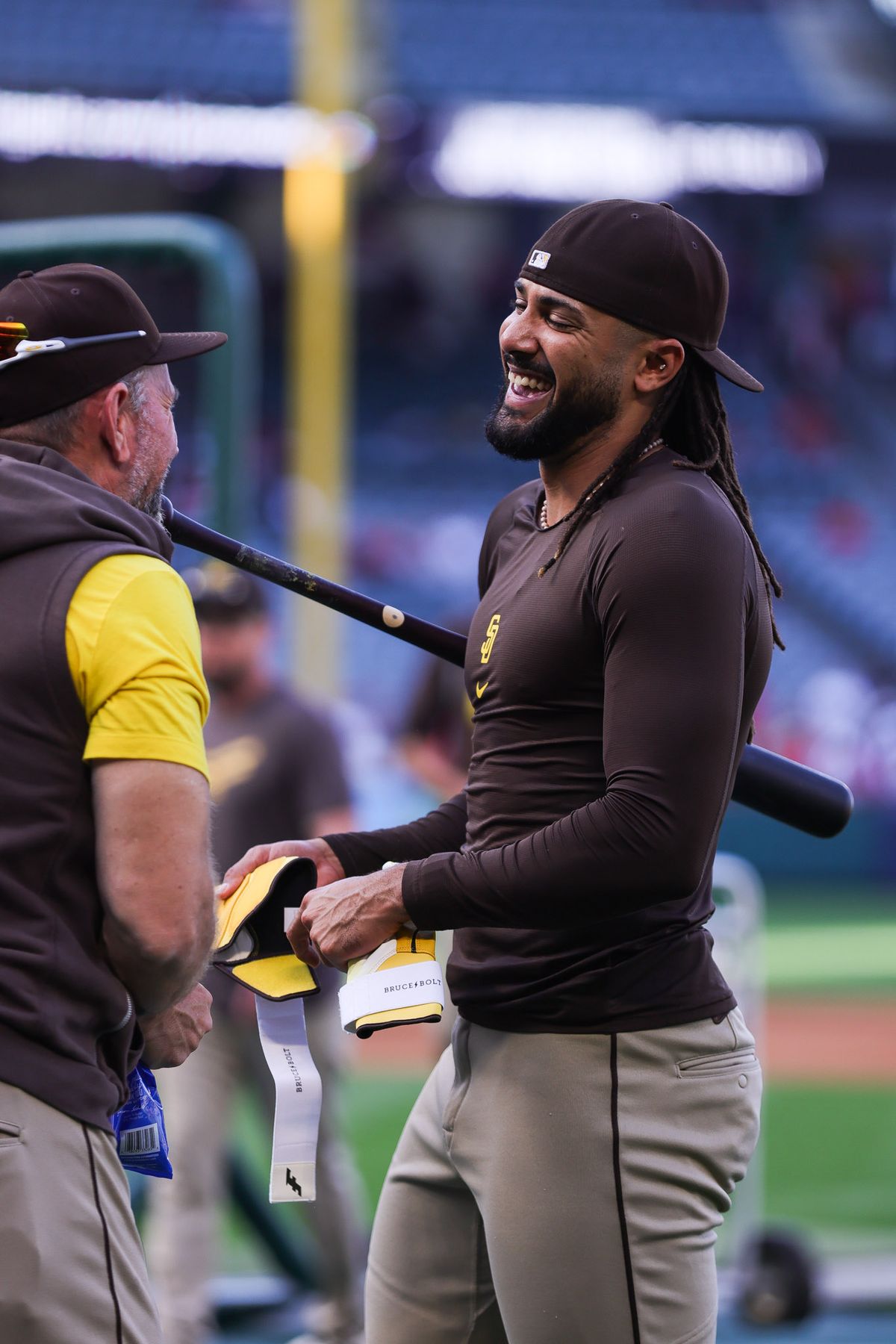 San Diego Padres outfielder Fernando Tatis Jr. (23) smiles before the MLB game against the Los Angeles Angels Friday April 17th, 2026 at Angel's Stadium in Anaheim, Calif.