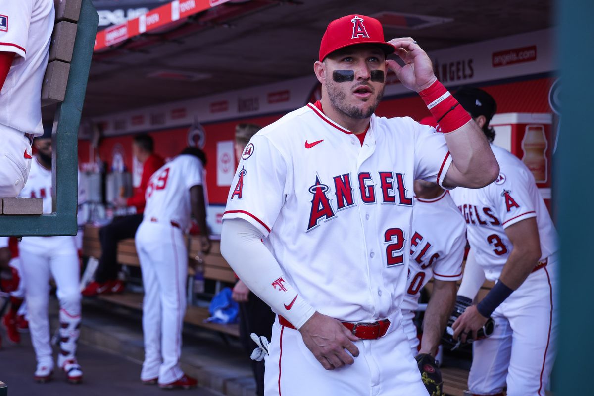 Los Angeles Angels outfielder Mike Trout (27) in the dugout during the MLB game against the San Diego Padres Friday April 17th, 2026 at Angel's Stadium in Anaheim, Calif.