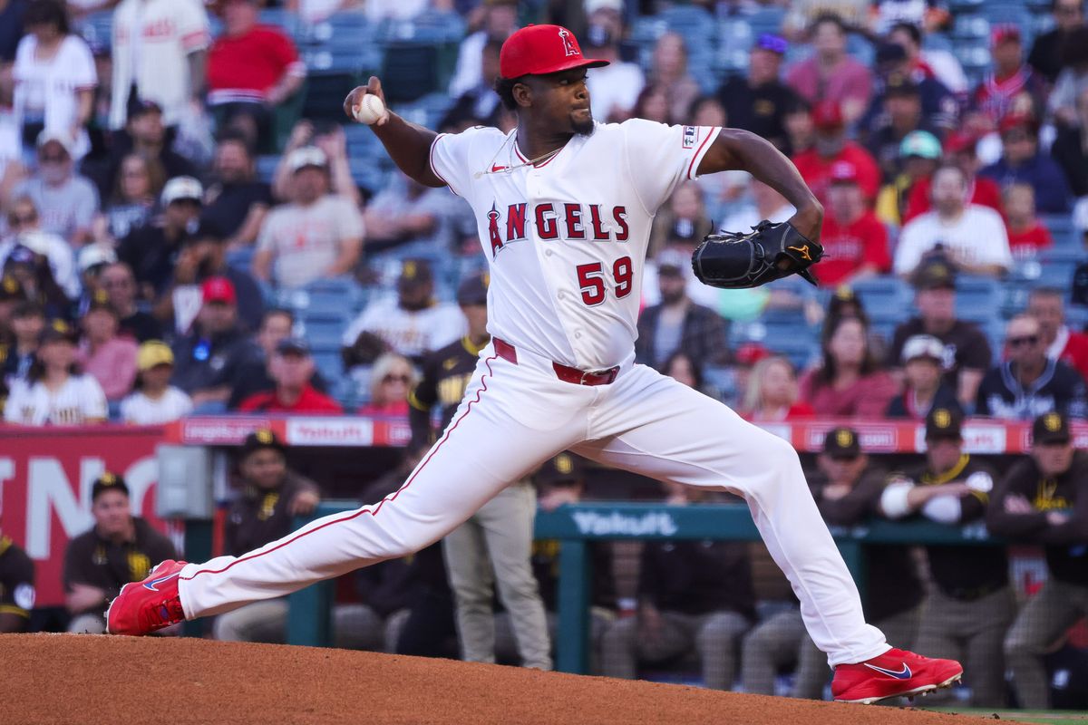 Los Angeles Angels right handed pitcher José Soriano (59) pitches during the MLB game against the San Diego Padres Friday April 17th, 2026 at Angel's Stadium in Anaheim, Calif.