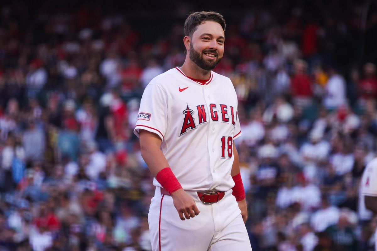 Los Angeles Angels infielder Nolan Schanuel (18) smiles during the MLB game against the San Diego Padres Friday April 17th, 2026 at Angel's Stadium in Anaheim, Calif.
