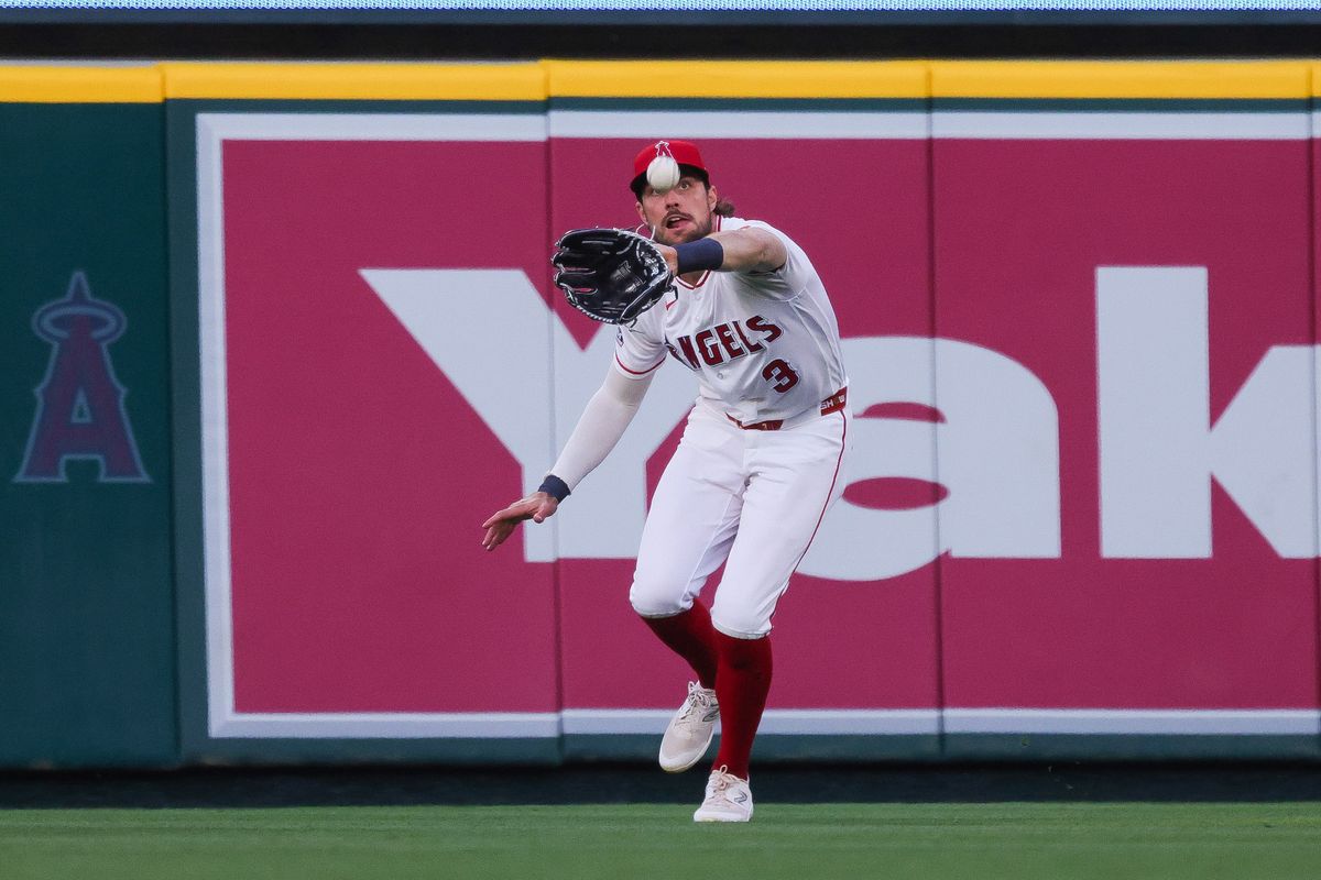 Los Angeles Angels outfielder Josh Lowe (3) catches the ball during the MLB game against the San Diego Padres Friday April 17th, 2026 at Angel's Stadium in Anaheim, Calif.