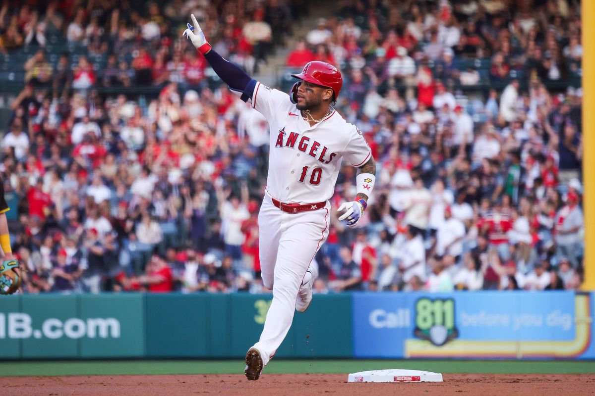 Los Angeles Angels infielder Yoán Moncada (10) celebrates during the MLB game against the San Diego Padres Friday April 17th, 2026 at Angel's Stadium in Anaheim, Calif.