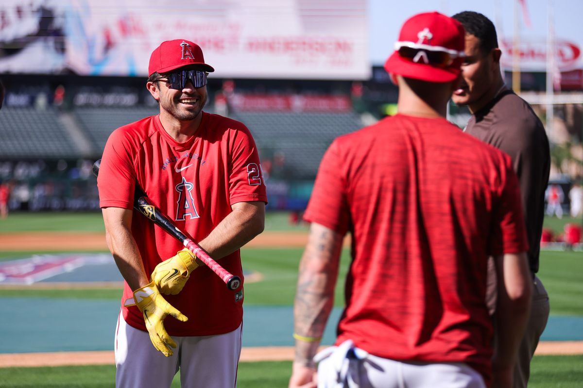 Los Angeles Angels catcher Travis d'Arnaud (25) smiles before the MLB game against the San Diego Padres Friday April 17th, 2026 at Angel's Stadium in Anaheim, Calif.