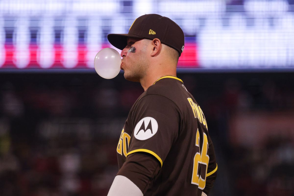 San Diego Padres infielder Ty France (25) blows bubblegum during the MLB game against the Los Angeles Angels Friday April 17th, 2026 at Angel's Stadium in Anaheim, Calif.