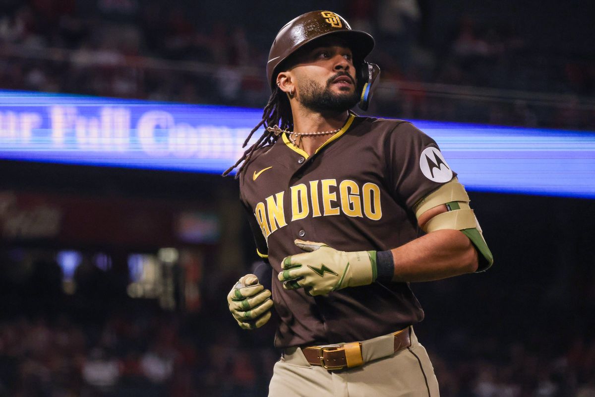 San Diego Padres outfielder Fernando Tatis Jr. (23) runs during the MLB game against the Los Angeles Angels Friday April 17th, 2026 at Angel's Stadium in Anaheim, Calif.