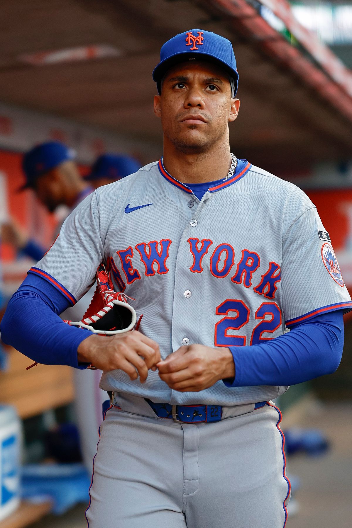 Juan Soto #22 of the New York Mets walks through the dugout prior to a game against the Los Angeles Angels at Angel Stadium on May 1, 2026, in Anaheim, California.