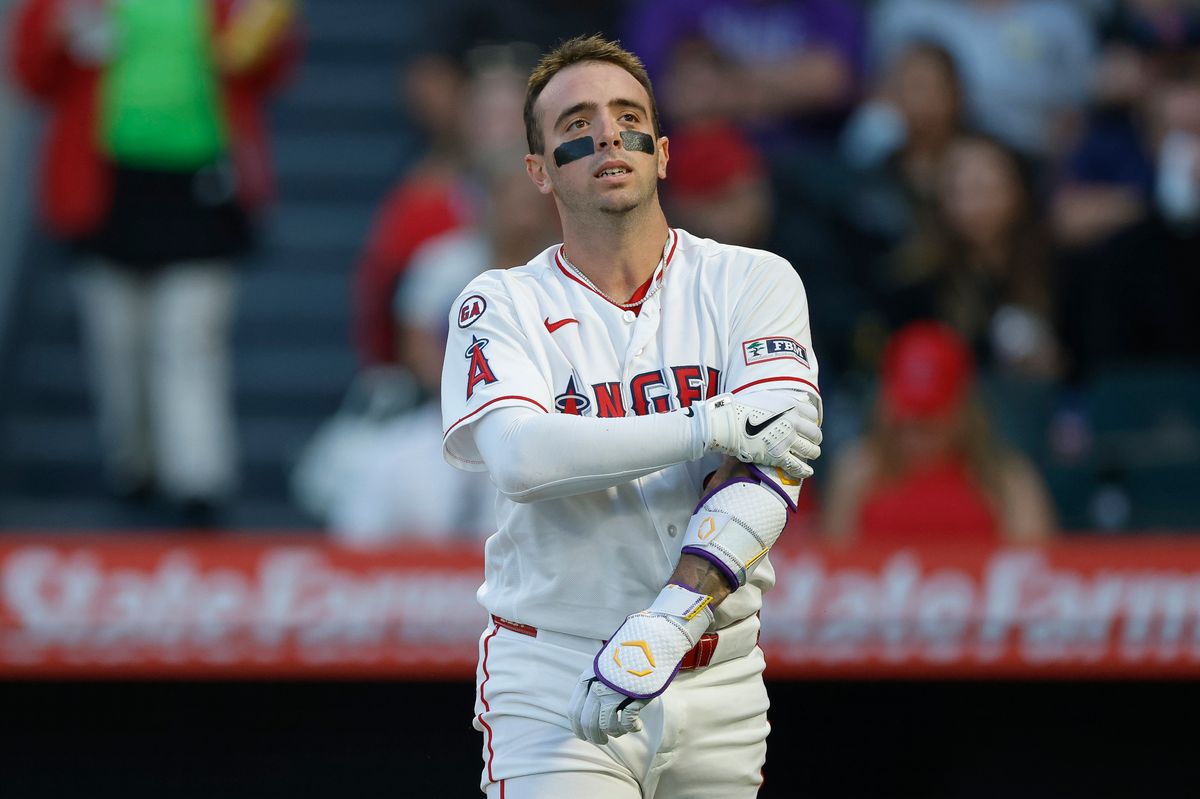 Zach Neto #9 of the Los Angeles Angels reacts after a hit by pitch against the New York Mets at Angel Stadium on May 1, 2026, in Anaheim, California.