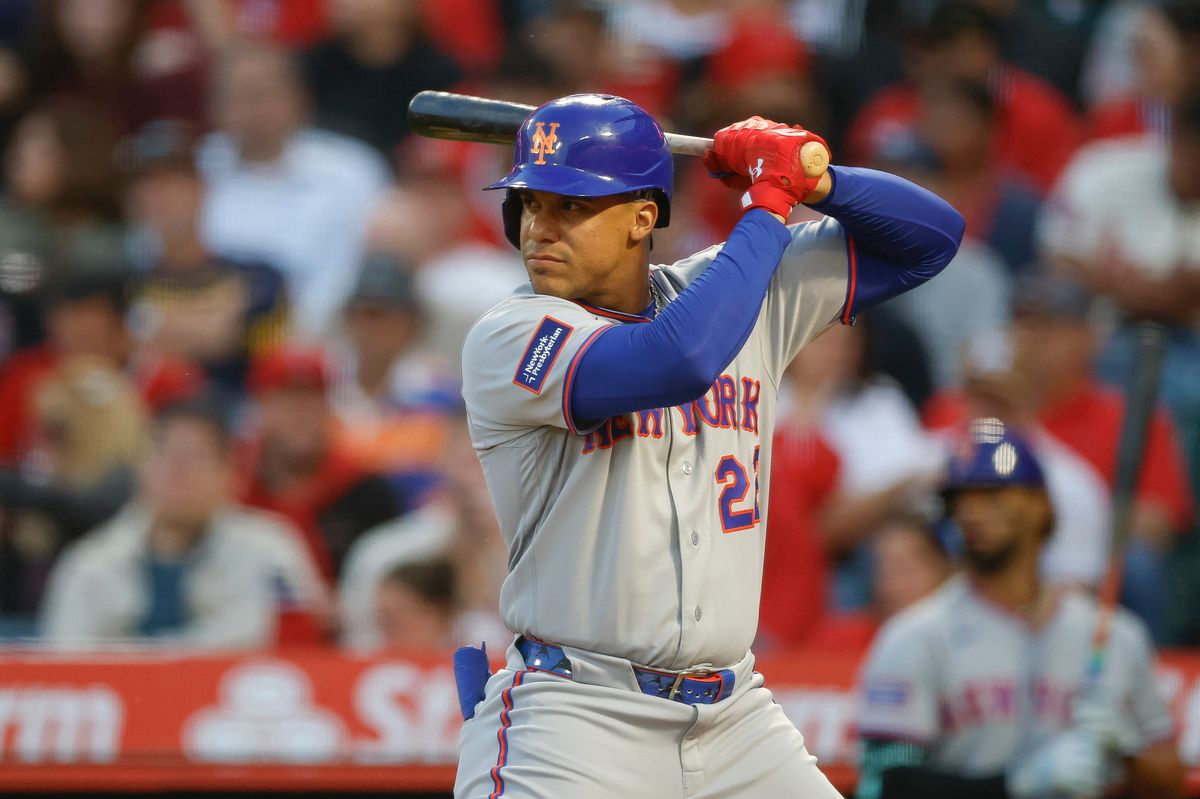 Juan Soto #22 of the New York Mets at bat against the Los Angeles Angels at Angel Stadium on May 1, 2026, in Anaheim, California.
