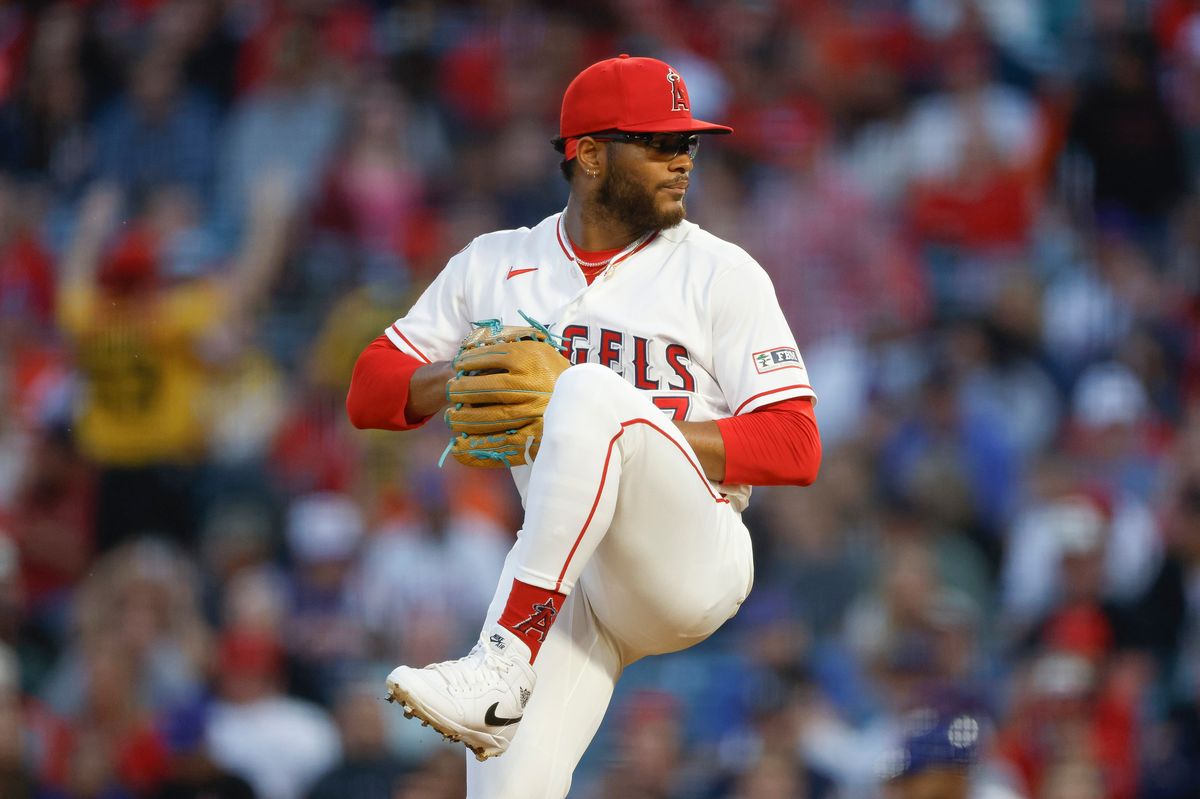 Walbert Urena #57 of the Los Angeles Angels throws a pitch against the New York Mets at Angel Stadium on May 1, 2026, in Anaheim, California.