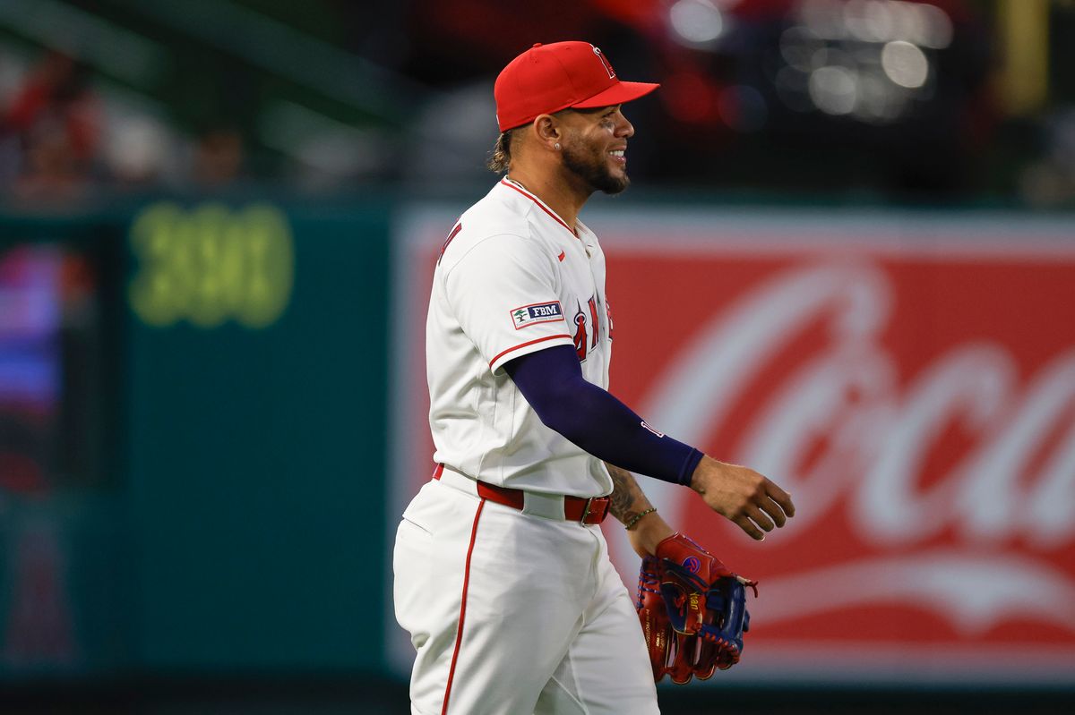 Yoan Moncada #10 of the Los Angeles Angels smiles in a game against the New York Mets at Angel Stadium on May 1, 2026, in Anaheim, California.