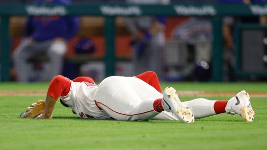 Walbert Urena #57 of the Los Angeles Angels lays on the field with an injury against the New York Mets at Angel Stadium on May 1, 2026, in Anaheim, California.