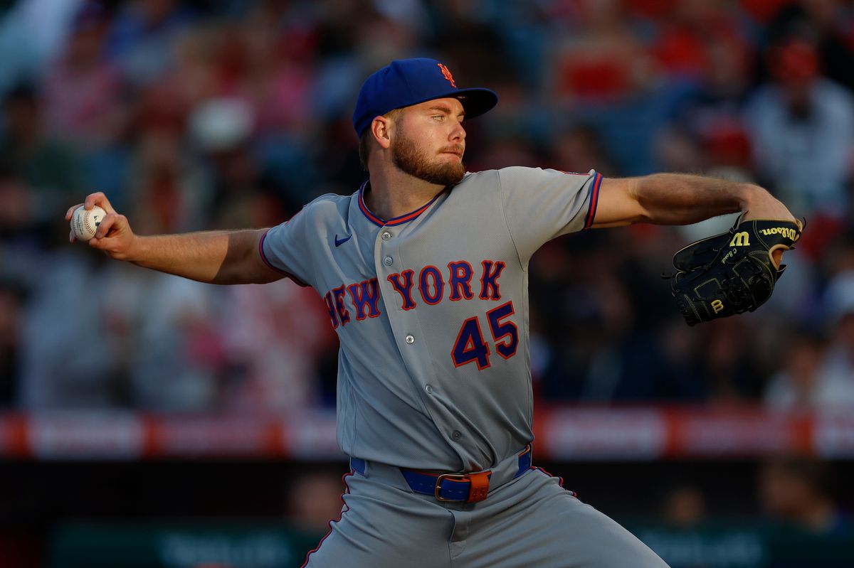 Christian Scott #45 of the New York Mets throws a pitch against the Los Angeles Angels at Angel Stadium on May 1, 2026, in Anaheim, California.