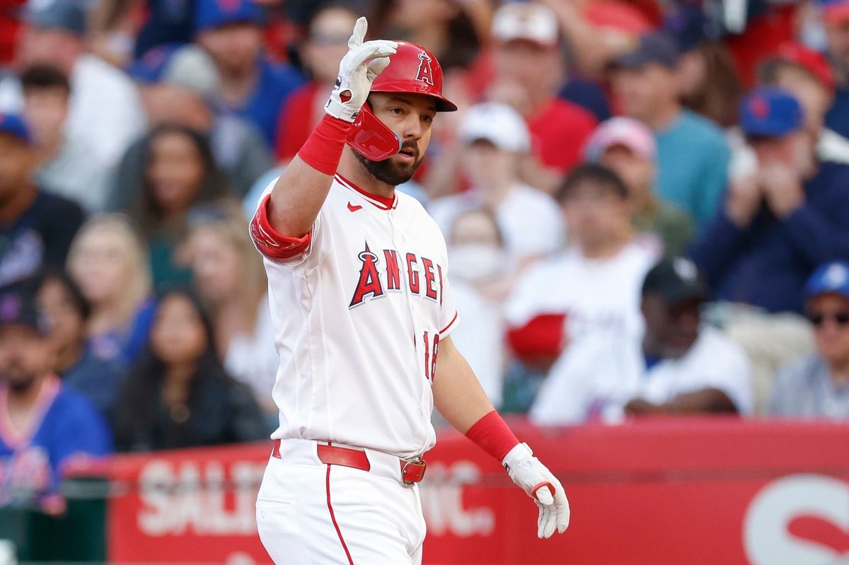 Nolan Schanuel #18 of the Los Angeles Angels celebrates against the New York Mets at Angel Stadium on May 2, 2026, in Anaheim, California.