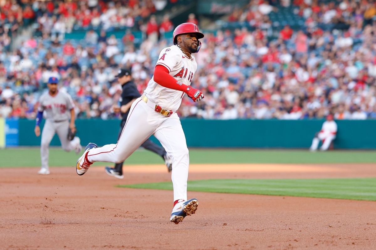 Jorge Soler #12 of the Los Angeles Angels runs to third base against the New York Mets at Angel Stadium on May 2, 2026, in Anaheim, California.