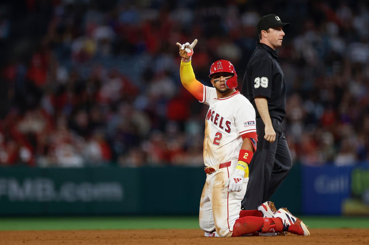 Oswald Peraza #2 of the Los Angeles Angels celebrates a double against the New York Mets at Angel Stadium on May 2, 2026, in Anaheim, California.