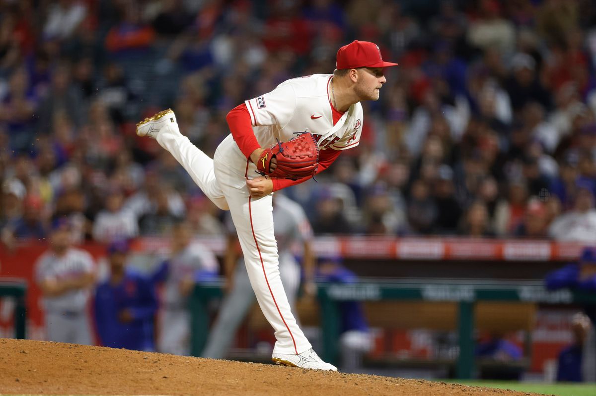 Reid Detmers #48 of the Los Angeles Angels throws a pitch against the New York Mets at Angel Stadium on May 2, 2026, in Anaheim, California.