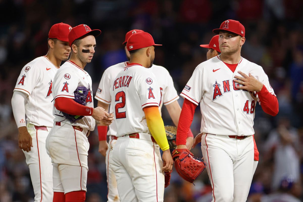 Reid Detmers #48 of the Los Angeles Angels is moved during a pitch change against the New York Mets at Angel Stadium on May 2, 2026, in Anaheim, California.