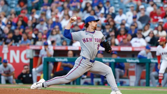 Nolan McLean #26 of the New York Mets pitches against the Los Angeles Angels at Angel Stadium on May 2, 2026, in Anaheim, California.