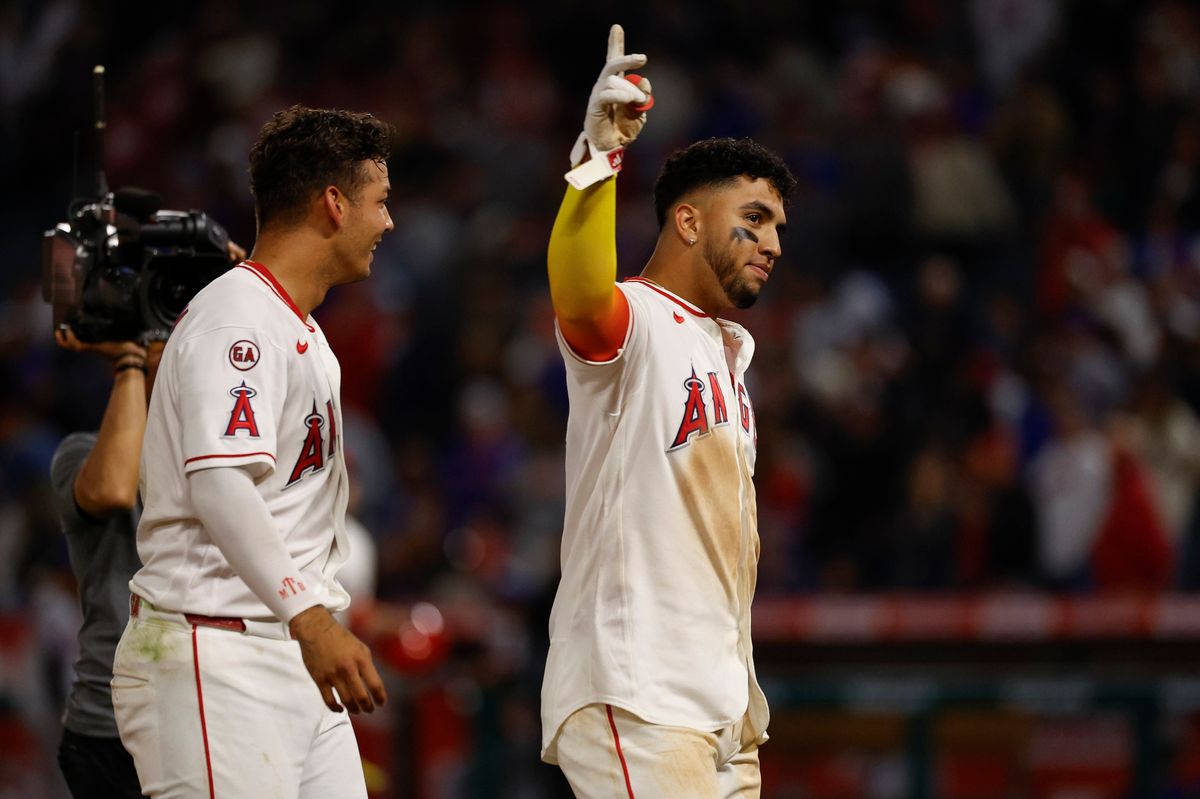 Oswald Peraza #2 of the Los Angeles Angels celebrates after hitting a walk off RBI single against the New York Mets at Angel Stadium on May 2, 2026, in Anaheim, California.