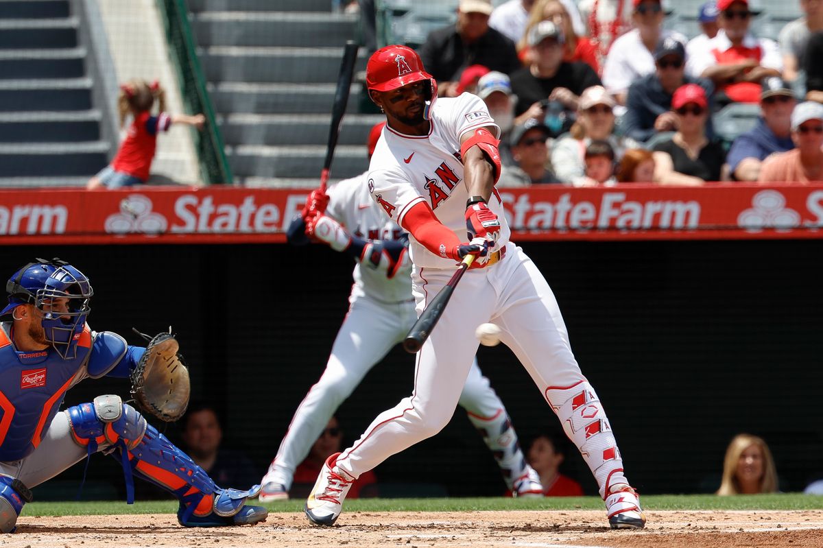 Jorge Soler #12 of the Los Angeles Angels hits an RBI single against the New York Mets at Angel Stadium on May 3, 2026, in Anaheim, California.