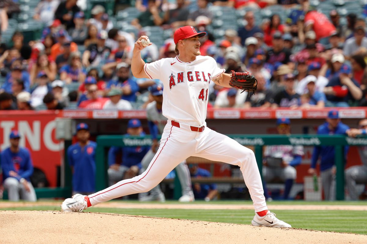 Jack Kochanowicz #41 of the Los Angeles Angels throws a pitch against the New York Mets at Angel Stadium on May 3, 2026, in Anaheim, California.