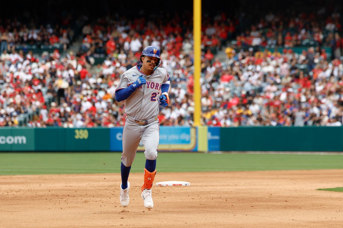 Mark Vientos #27 of the New York Mets rounds the bases on a two-run home run against the Los Angeles Angels at Angel Stadium on May 3, 2026, in Anaheim, California.