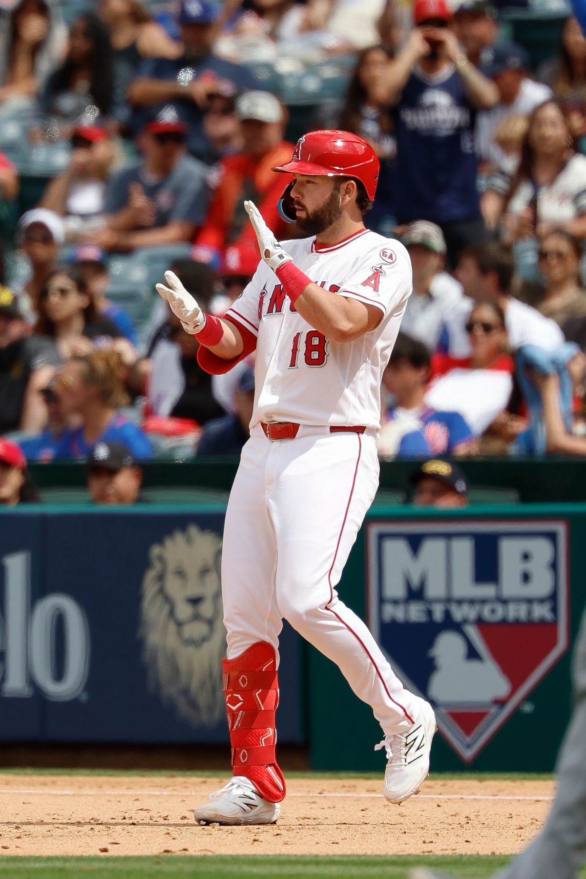Nolan Schanuel #18 of the Los Angeles Angels celebrates a single against the New York Mets at Angel Stadium on May 3, 2026, in Anaheim, California.