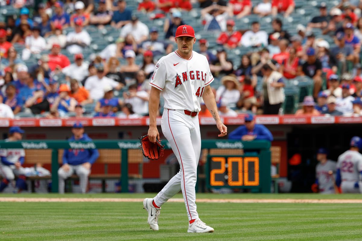 Jack Kochanowicz #41 of the Los Angeles Angels walks to the dugout after a pitching change against the New York Mets at Angel Stadium on May 3, 2026, in Anaheim, California.
