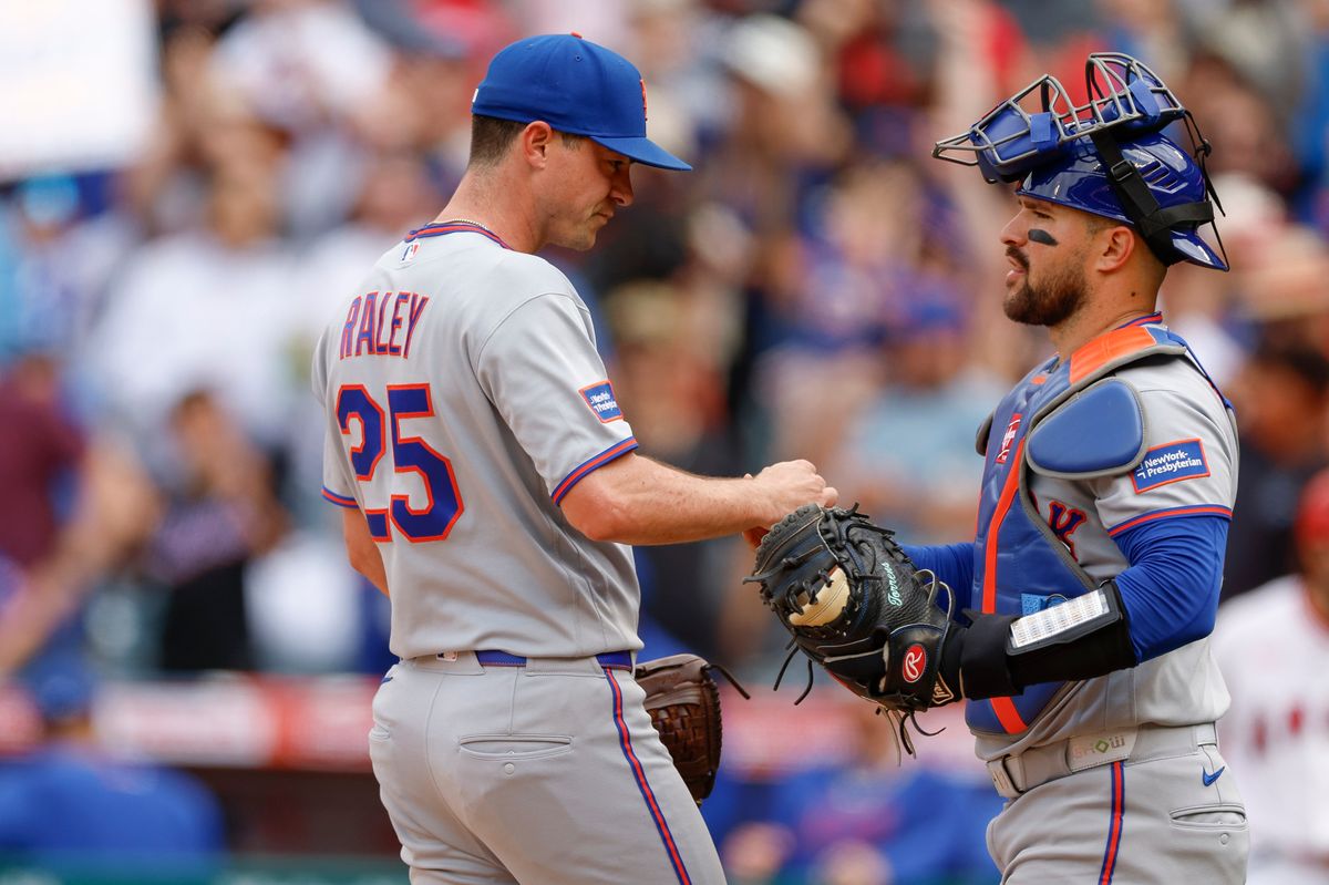 Brooks Raley #25 of the New York Mets celebrates a team victory against the Los Angeles Angels at Angel Stadium on May 3, 2026, in Anaheim, California.