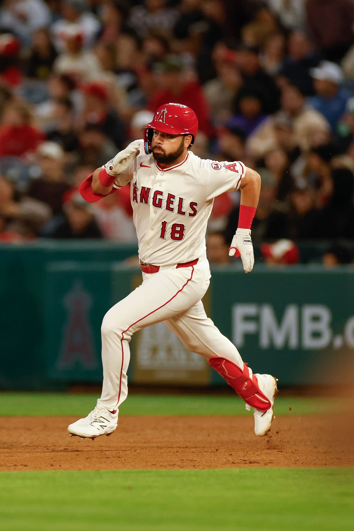 Nolan Schanuel #18 of the Los Angeles Angels hits a double against the Chicago White Sox at Angel Stadium on May 4, 2026, in Anaheim, California.