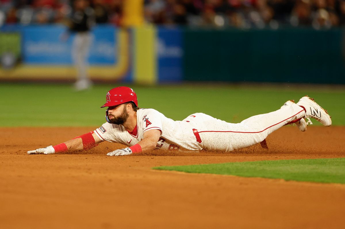Nolan Schanuel #18 of the Los Angeles Angels hits a double against the Chicago White Sox at Angel Stadium on May 4, 2026, in Anaheim, California.