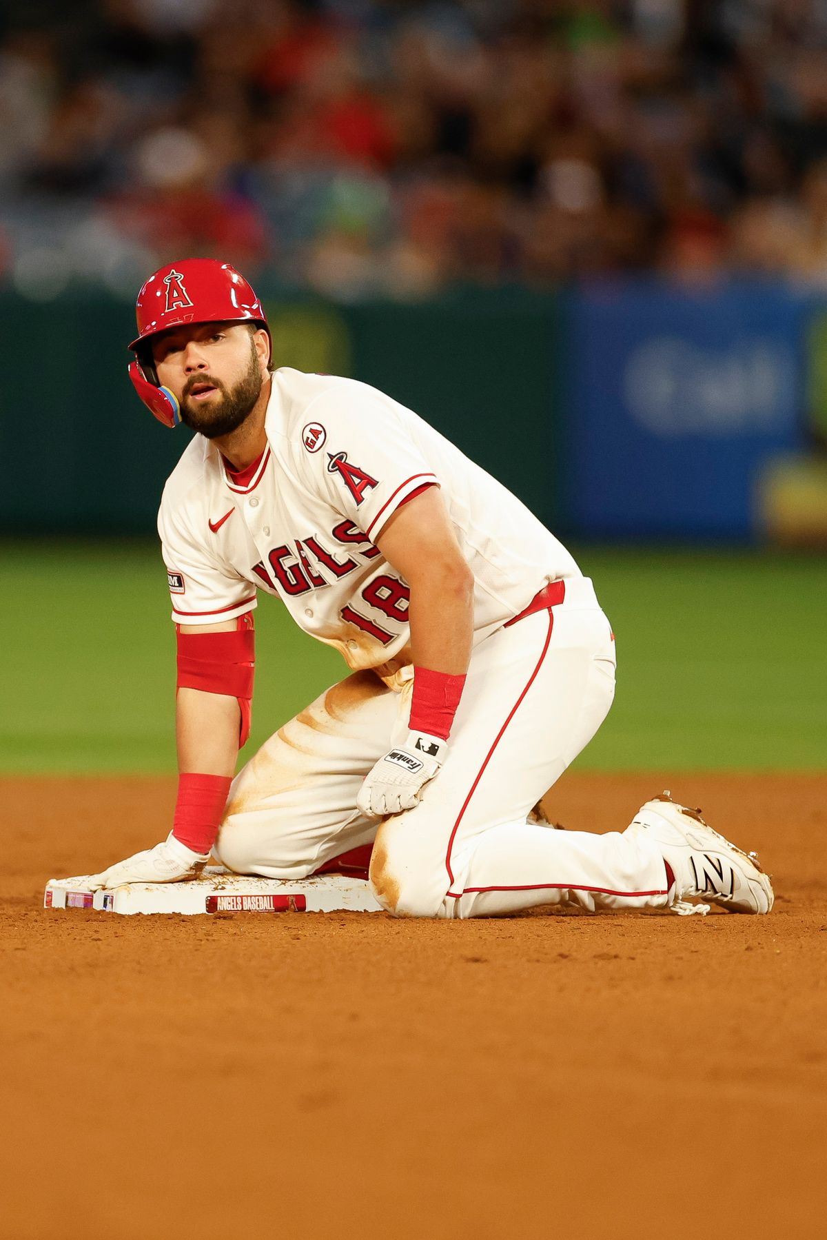 Nolan Schanuel #18 of the Los Angeles Angels hits a double against the Chicago White Sox at Angel Stadium on May 4, 2026, in Anaheim, California.