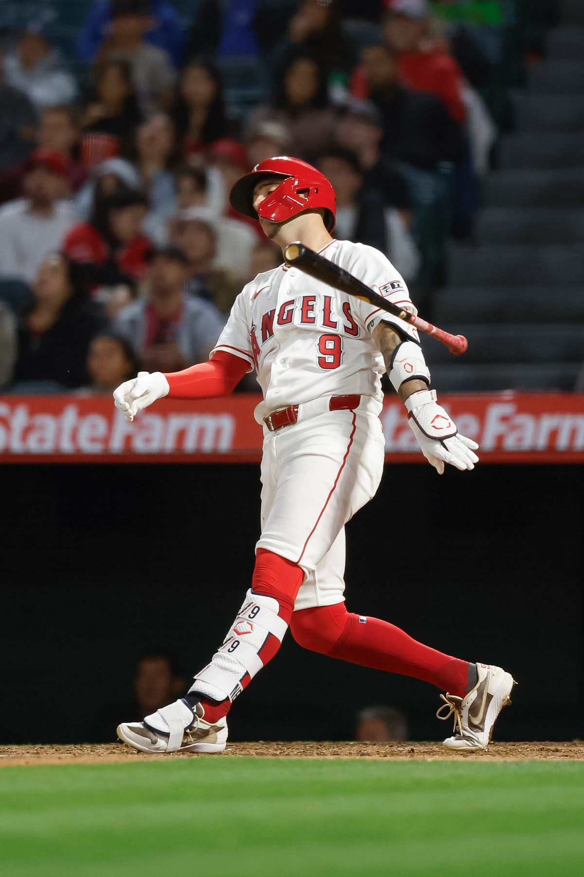 Zach Neto #9 of the Los Angeles Angels reacts after striking out against the Chicago White Sox at Angel Stadium on May 4, 2026, in Anaheim, California.