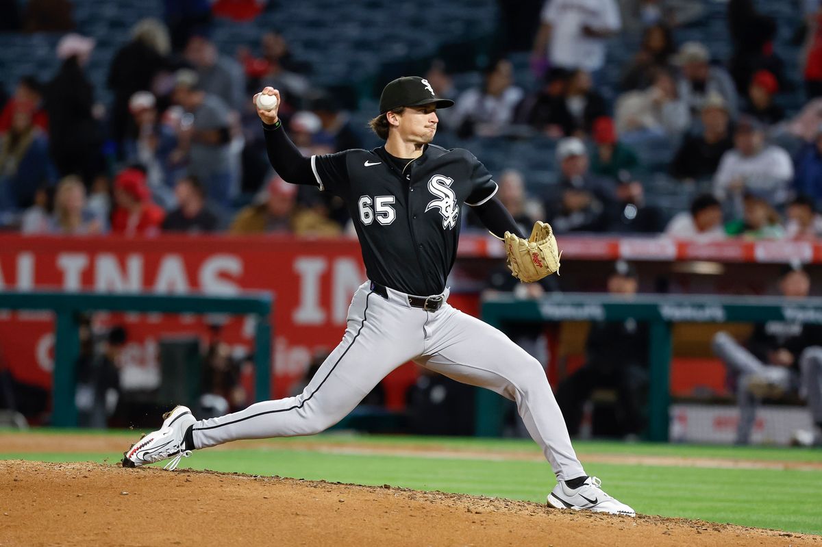 Davis Martin #65 of the Chicago White Sox throws a pitch against the Los Angeles Angels at Angel Stadium on May 4, 2026, in Anaheim, California.