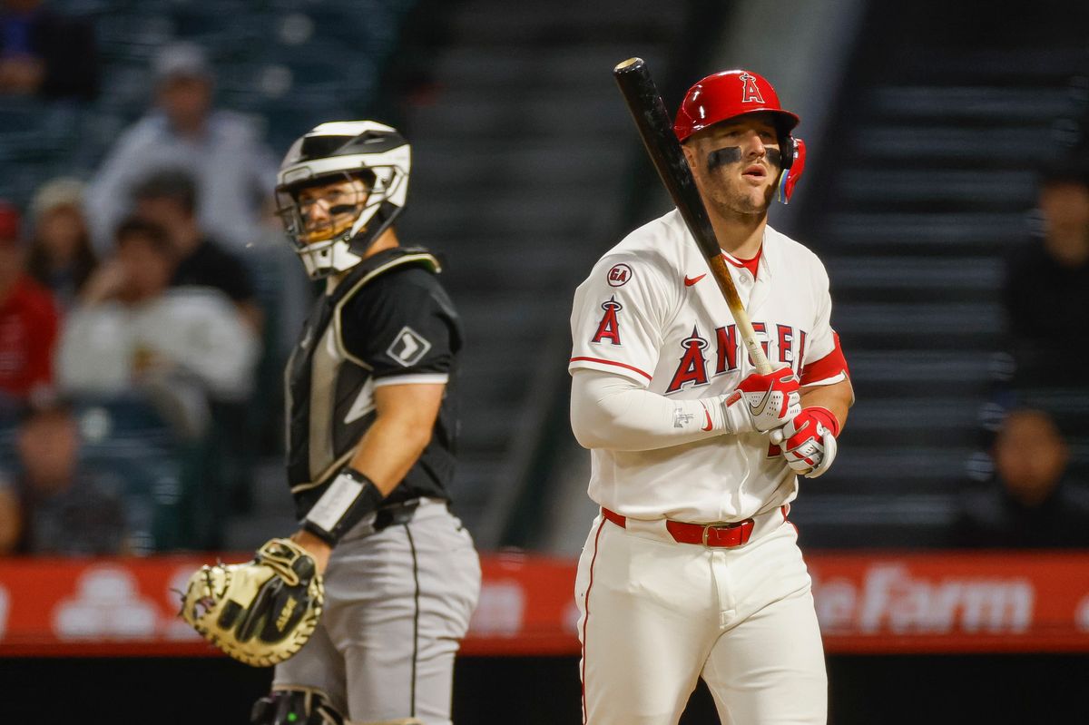 Mike Trout #27 of the Los Angeles Angels reacts after a strike out against the Chicago White Sox at Angel Stadium on May 4, 2026, in Anaheim, California.