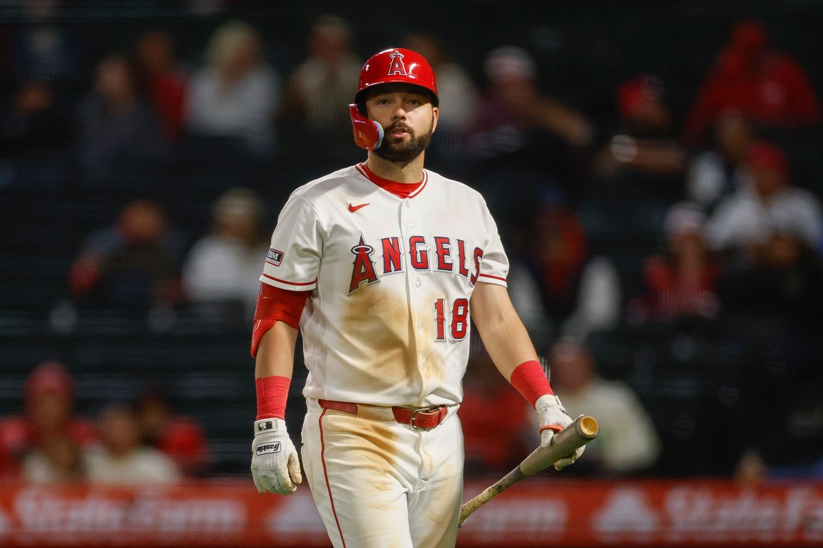 Nolan Schanuel #18 of the Los Angeles Angels reacts after a strike out against the Chicago White Sox at Angel Stadium on May 4, 2026, in Anaheim, California.