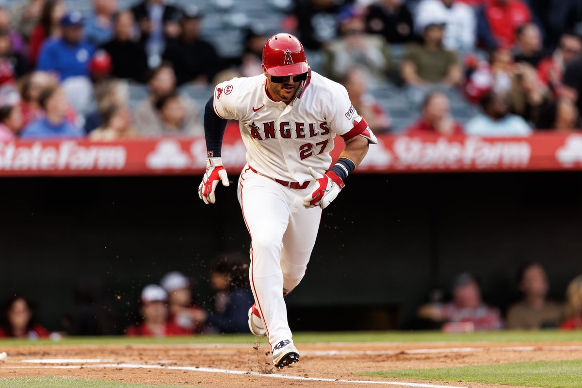 Los Angeles Angels center fielder Mike Trout (27) hits a home run during the game against the Chicago White Sox at Angel Stadium on May 4, 2026, in Anaheim, California.
