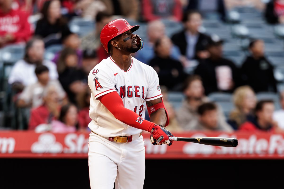 Los Angeles Angels right fielder Jorge Soler (12) hits a home run during the game against the Chicago White Sox at Angel Stadium on May 5, 2026, in Anaheim, California.