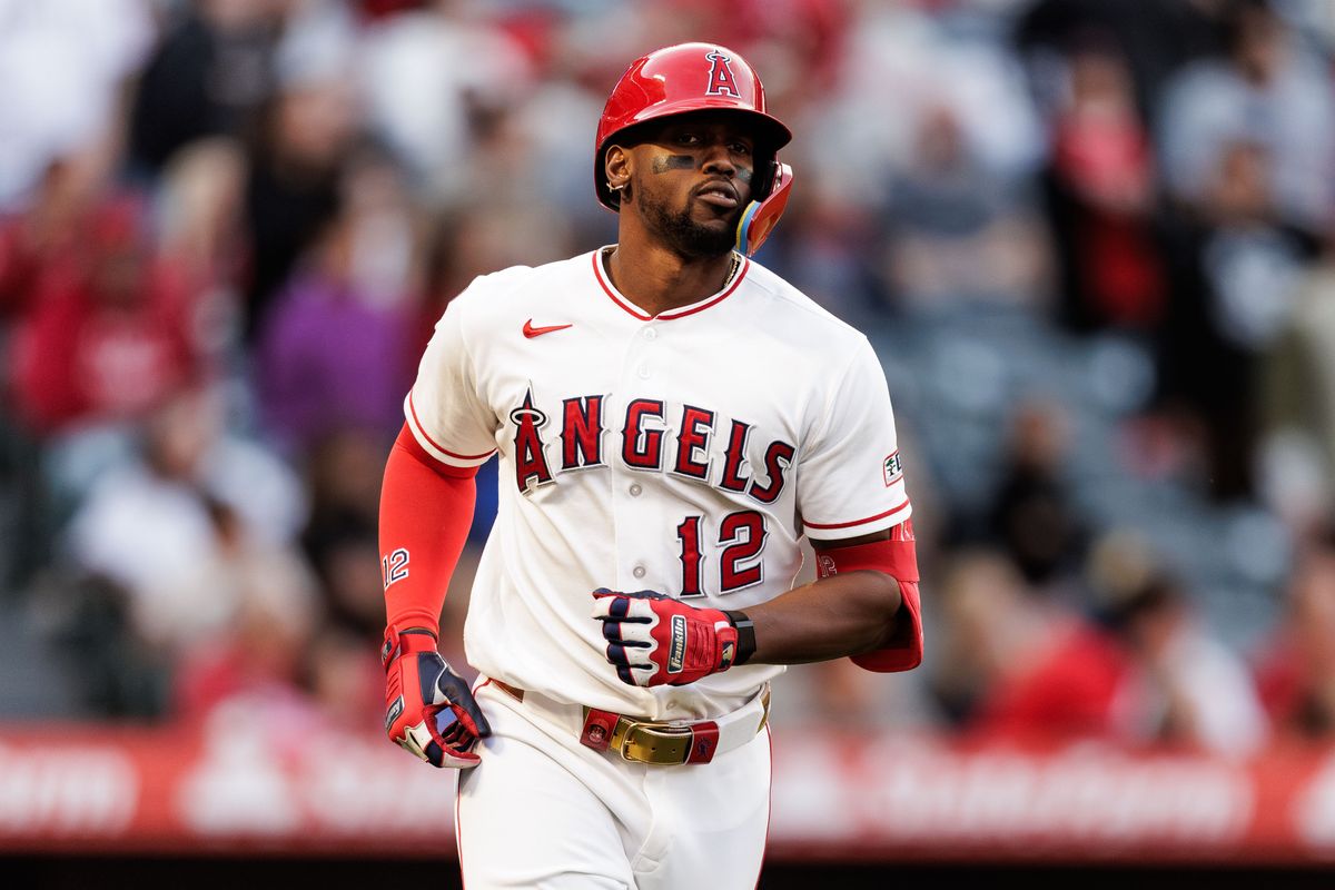 Los Angeles Angels right fielder Jorge Soler (12) hits a home run during the game against the Chicago White Sox at Angel Stadium on May 5, 2026, in Anaheim, California.