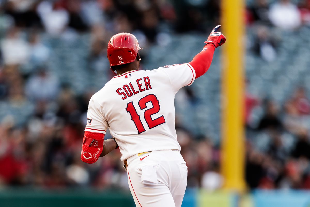 Los Angeles Angels right fielder Jorge Soler (12) hits a home run during the game against the Chicago White Sox at Angel Stadium on May 5, 2026, in Anaheim, California.