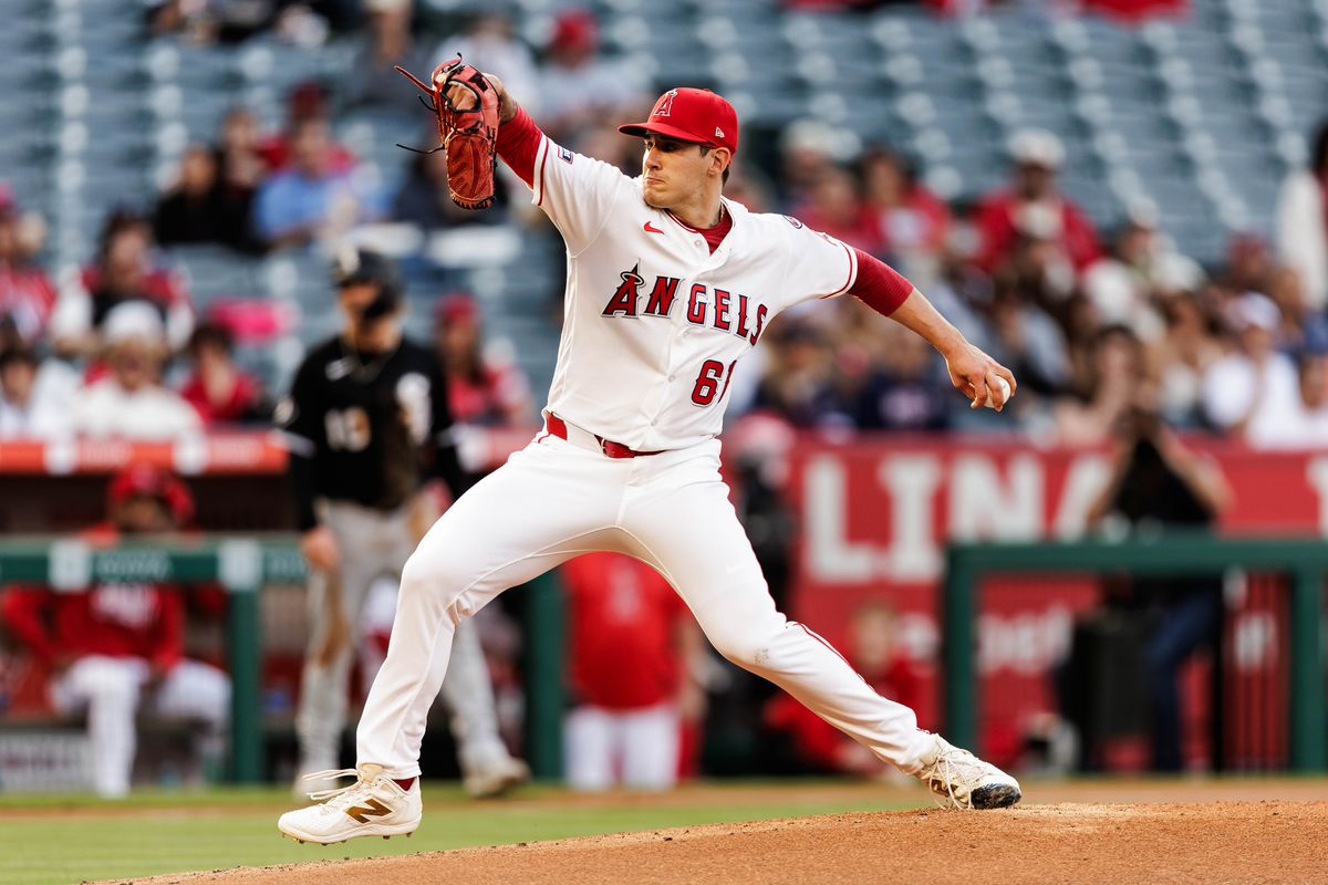 Los Angeles Angels pitcher Reid Detmers (61) pitches during the game against the Chicago White Sox at Angel Stadium on May 5, 2026, in Anaheim, California.