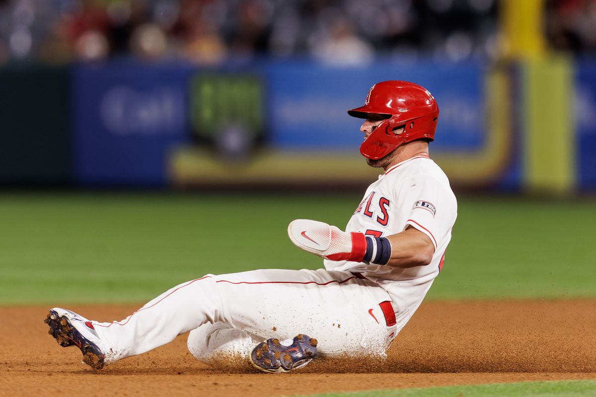 Los Angeles Angels center fielder Mike Trout (27) slides to second during the game against the Chicago White Sox at Angel Stadium on May 5, 2026, in Anaheim, California.
