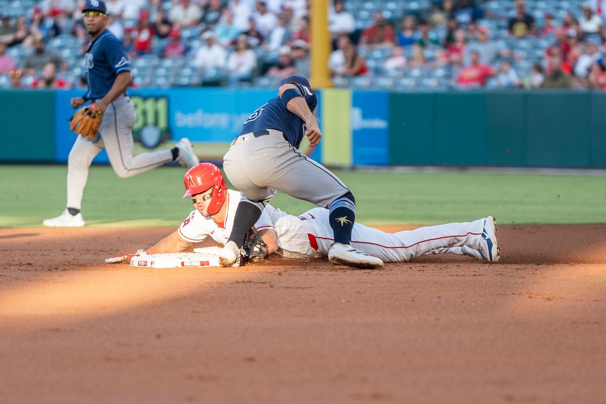 Los Angeles Angels center fielder Mike Trout (27) steals second base during an MLB game against the Tampa Bay Rays at Angel Stadium on June 13, 2026, in Anaheim, California.